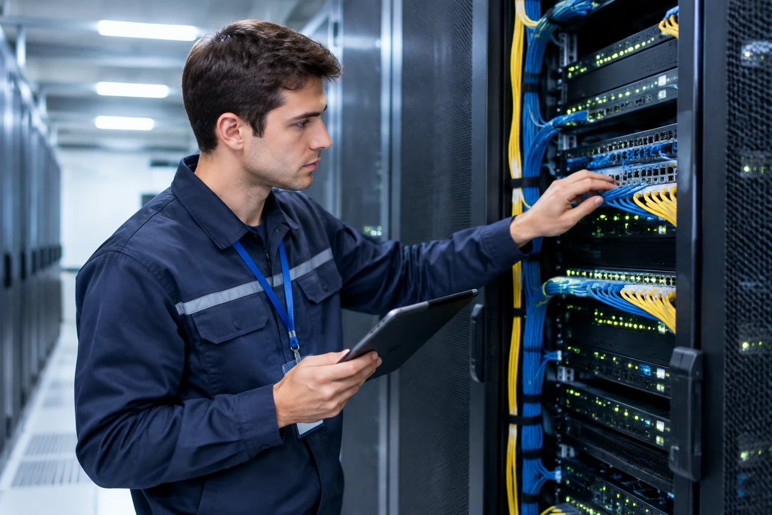 Data center technician inspecting server hardware and cabling