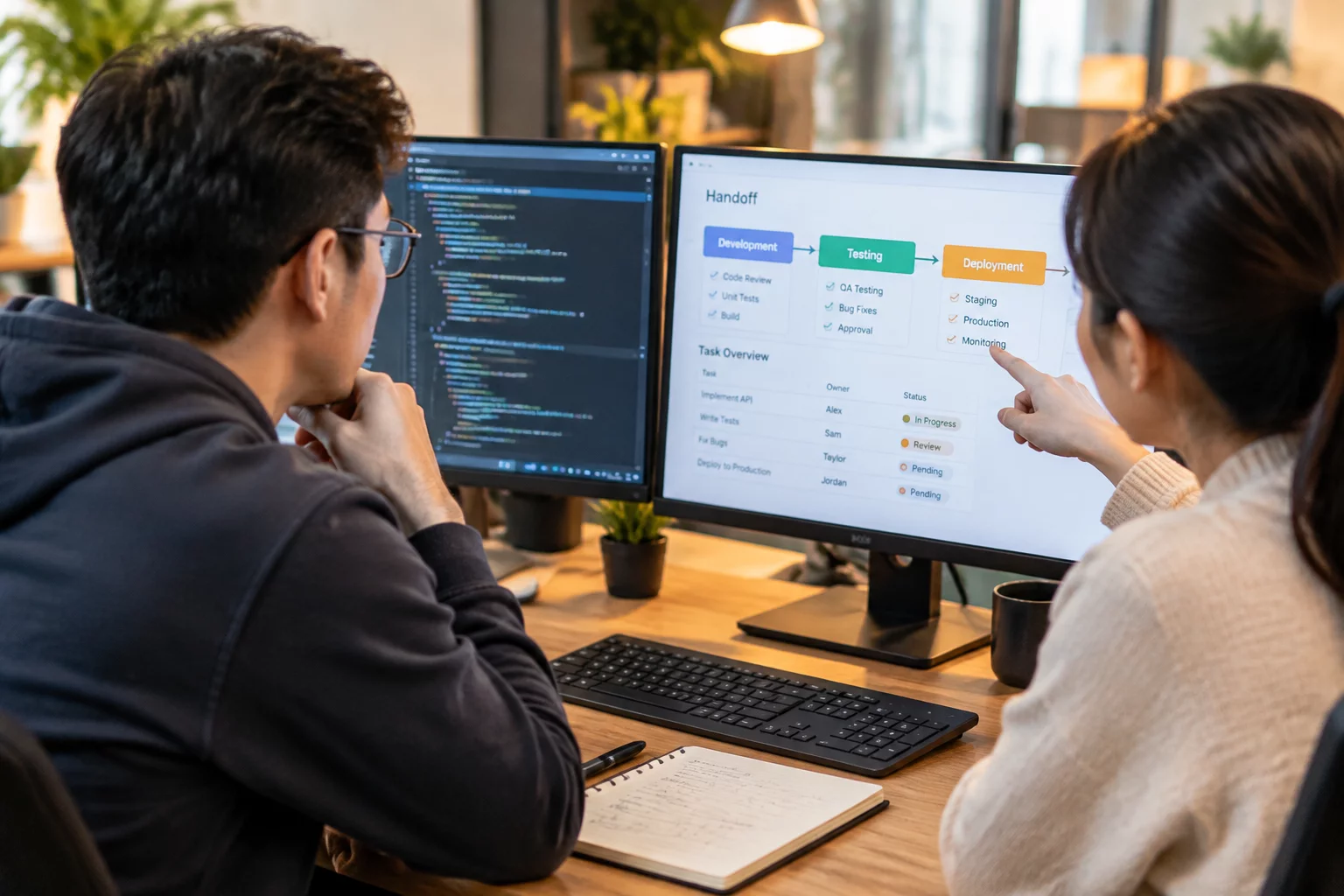 Software developers collaborating in front of code monitors